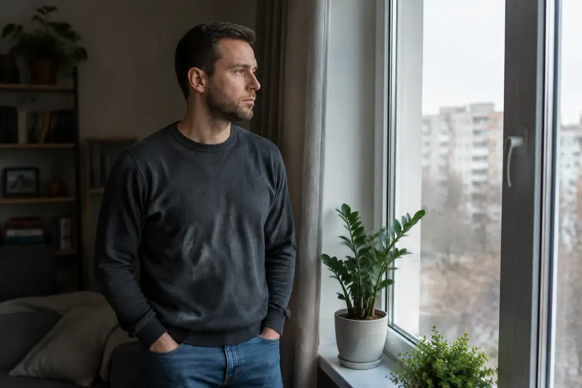 Мужчина стоит у окна дома, задумчиво смотрит наружу