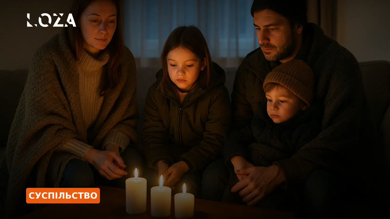 Родина в теплих речах і пледах гріється біля свічок у маленькій кімнаті квартири